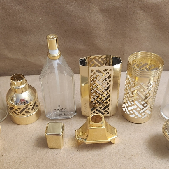Lot of 3 Vintage Shalimar/Guerlain Dispenser Bottles Gol Case Lattice Early 80's - Picture 2 of 8